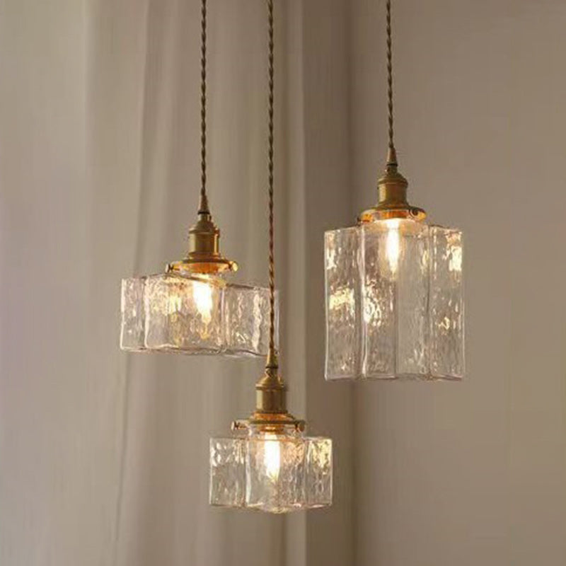 Zeitgenössische Retro Messing Eisen Glas Zylinder Würfel 1-Licht Pendelleuchte für Esszimmer 
