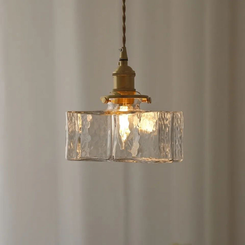 Zeitgenössische Retro Messing Eisen Glas Zylinder Würfel 1-Licht Pendelleuchte für Esszimmer 
