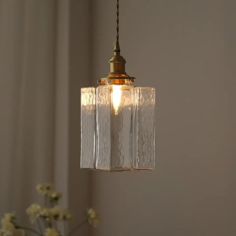 Zeitgenössische Retro Messing Eisen Glas Zylinder Würfel 1-Licht Pendelleuchte für Esszimmer 