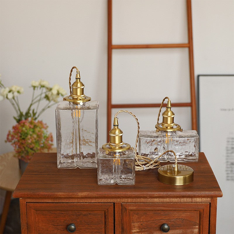 Zeitgenössische Retro Messing Eisen Glas Zylinder Würfel 1-Licht Pendelleuchte für Esszimmer 