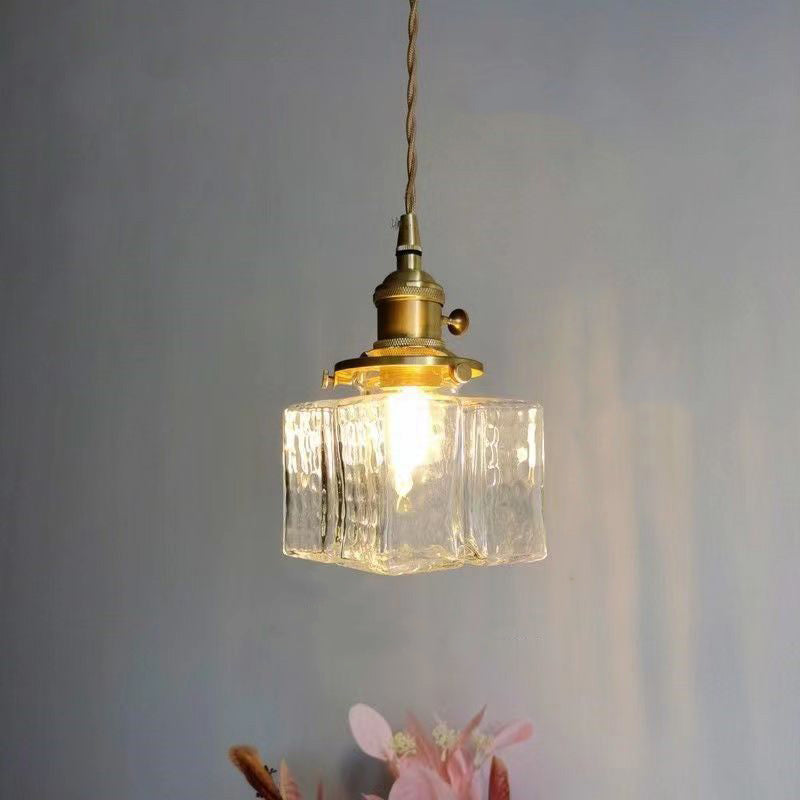 Zeitgenössische Retro Messing Eisen Glas Zylinder Würfel 1-Licht Pendelleuchte für Esszimmer 