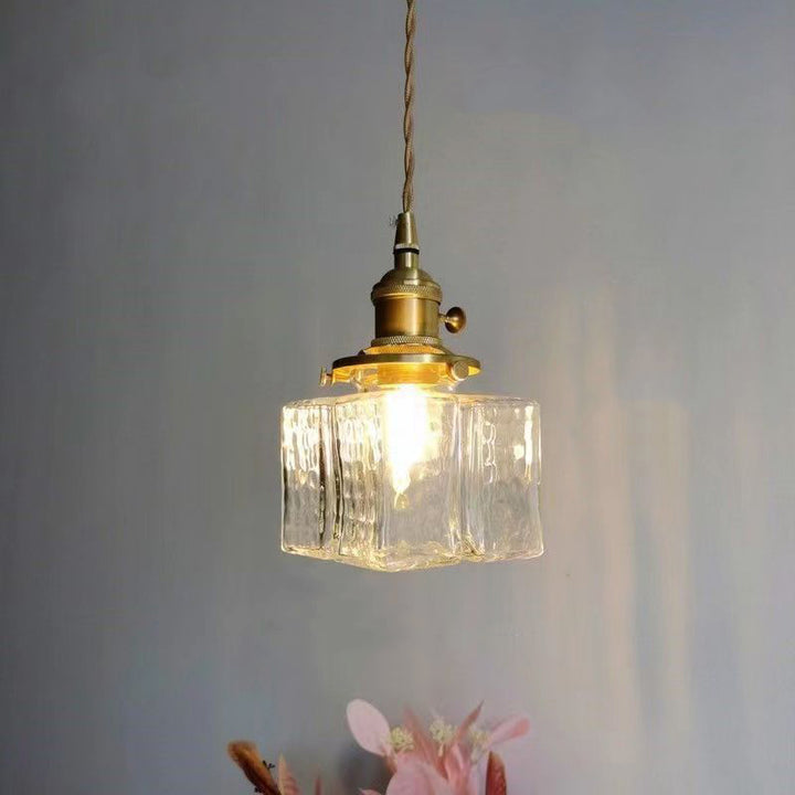 Zeitgenössische Retro Messing Eisen Glas Zylinder Würfel 1-Licht Pendelleuchte für Esszimmer 