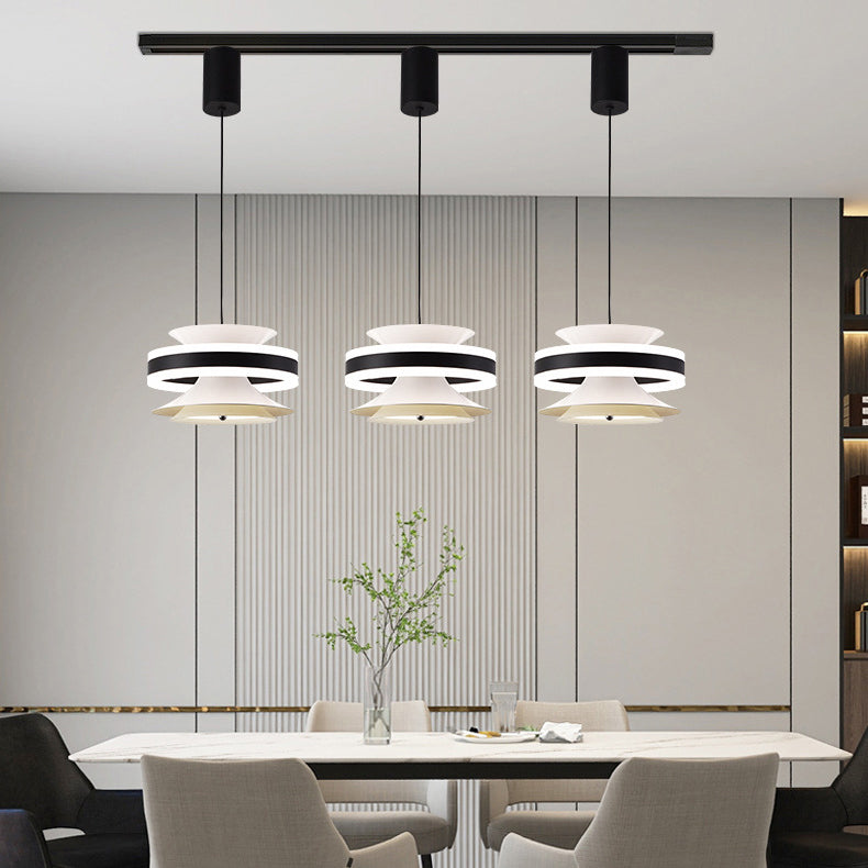Lámpara colgante LED de giroscopio toroidal móvil de aluminio acrílico nórdico contemporáneo para comedor 