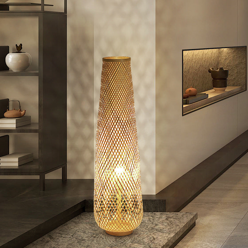 Lanterne colonne en bambou tissée à la main de style bohème contemporain 1 lumière, lampe sur pied pour salon 