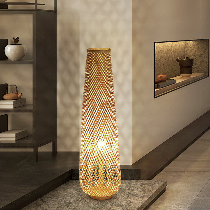 Lanterne colonne en bambou tissée à la main de style bohème contemporain 1 lumière, lampe sur pied pour salon 