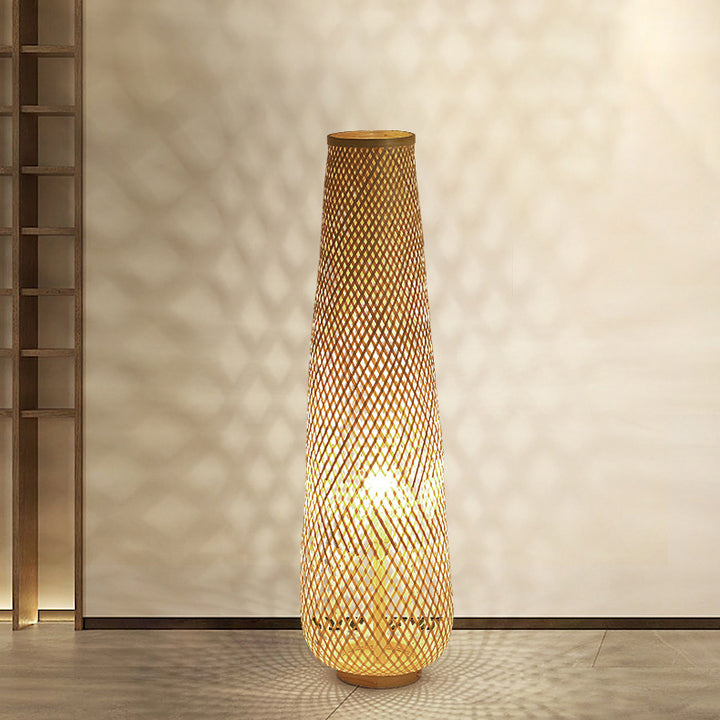Lanterne colonne en bambou tissée à la main de style bohème contemporain 1 lumière, lampe sur pied pour salon 