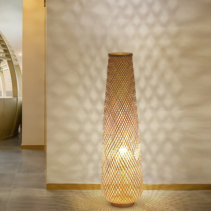 Lanterne colonne en bambou tissée à la main de style bohème contemporain 1 lumière, lampe sur pied pour salon 