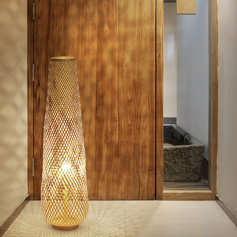 Lanterne colonne en bambou tissée à la main de style bohème contemporain 1 lumière, lampe sur pied pour salon 