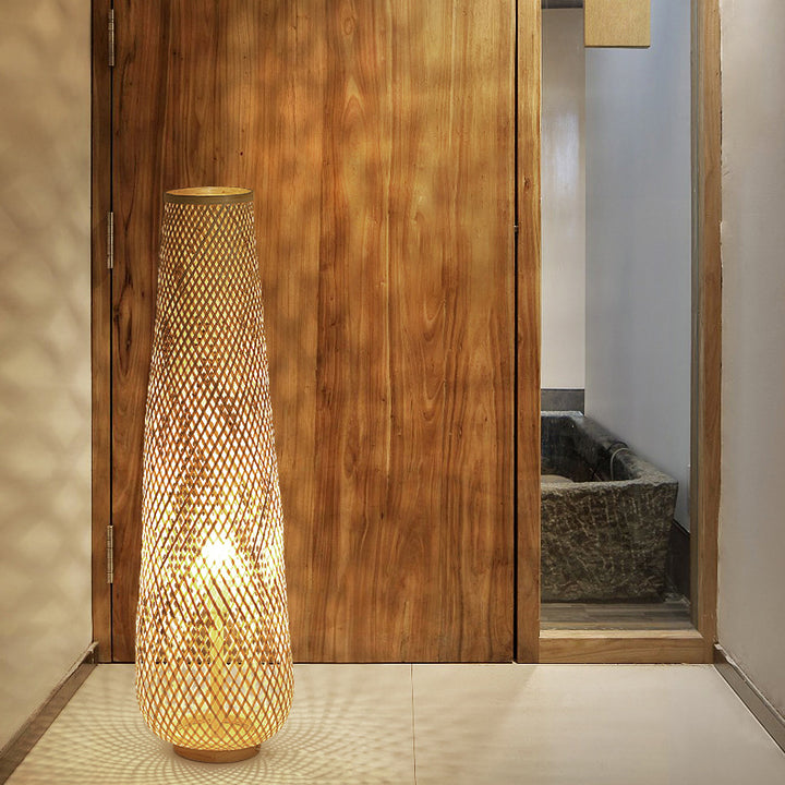 Lanterne colonne en bambou tissée à la main de style bohème contemporain 1 lumière, lampe sur pied pour salon 