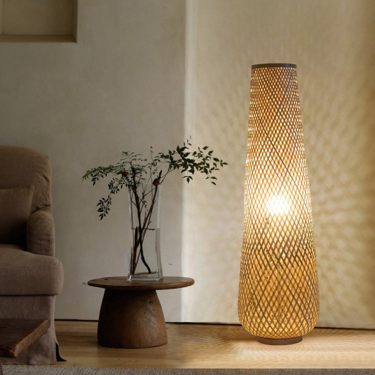 Lanterne colonne en bambou tissée à la main de style bohème contemporain 1 lumière, lampe sur pied pour salon 