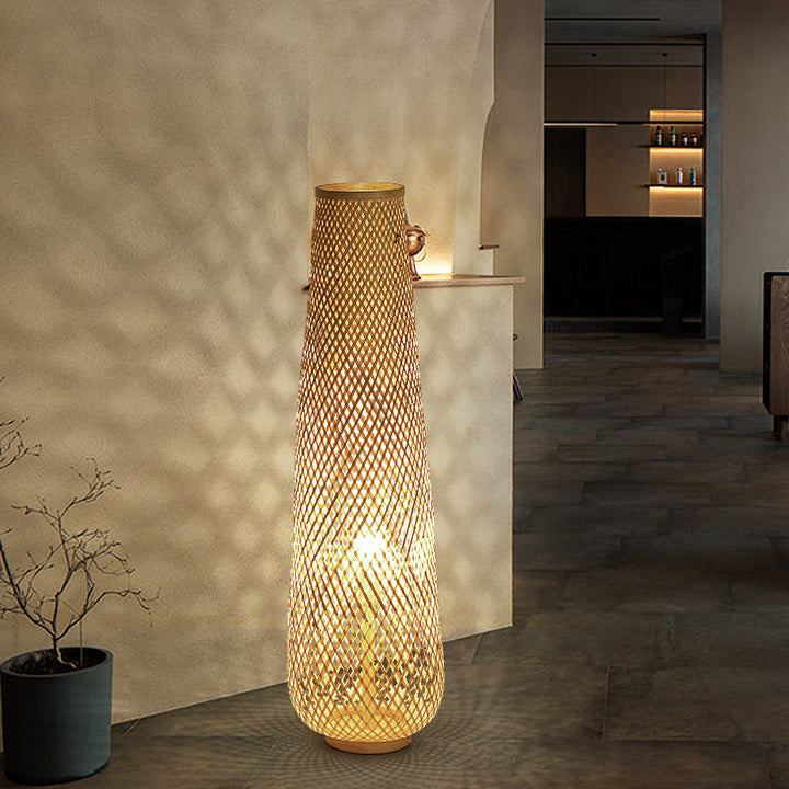 Lanterne colonne en bambou tissée à la main de style bohème contemporain 1 lumière, lampe sur pied pour salon 