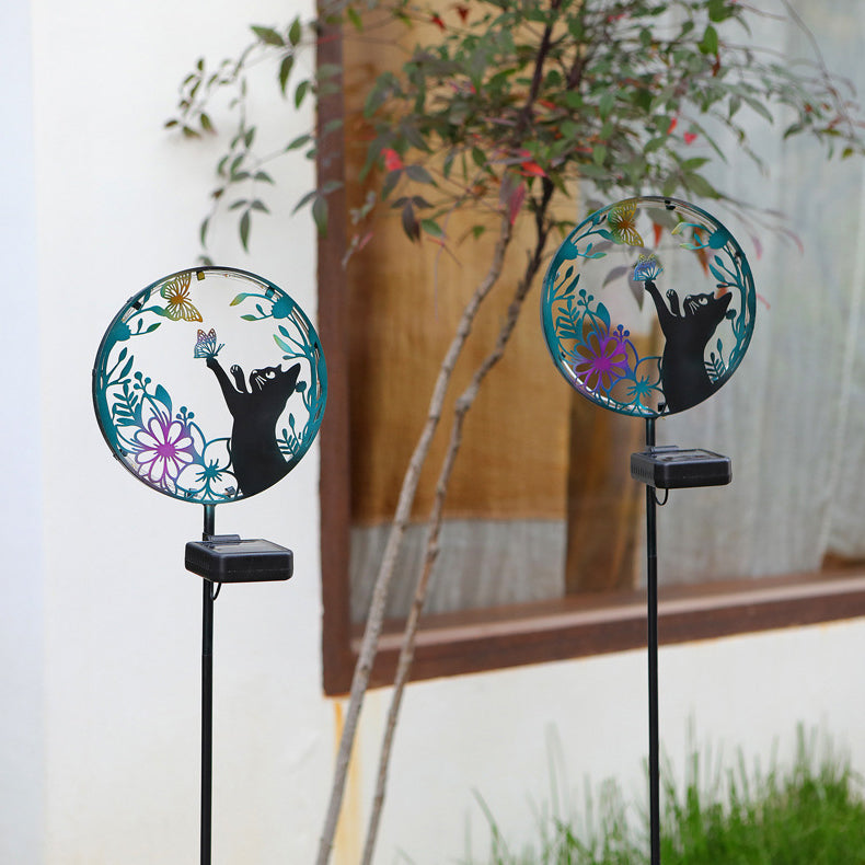 Éclairage paysager LED contemporain créatif solaire étanche en fer rond pour chat chien papillon pour jardin 