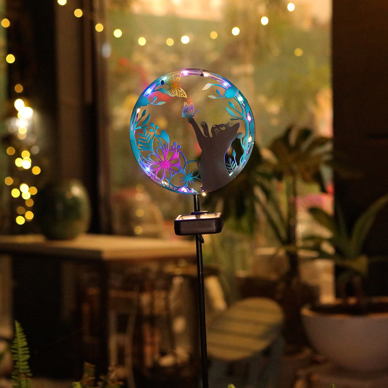 Éclairage paysager LED contemporain créatif solaire étanche en fer rond pour chat chien papillon pour jardin 