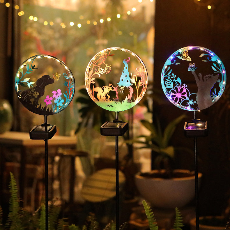 Éclairage paysager LED contemporain créatif solaire étanche en fer rond pour chat chien papillon pour jardin 