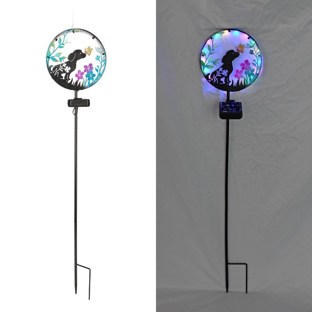 Éclairage paysager LED contemporain créatif solaire étanche en fer rond pour chat chien papillon pour jardin 