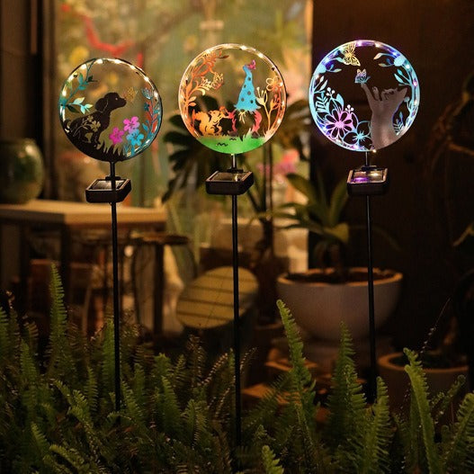 Éclairage paysager LED contemporain créatif solaire étanche en fer rond pour chat chien papillon pour jardin 