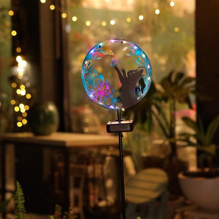 Éclairage paysager LED contemporain créatif solaire étanche en fer rond pour chat chien papillon pour jardin 