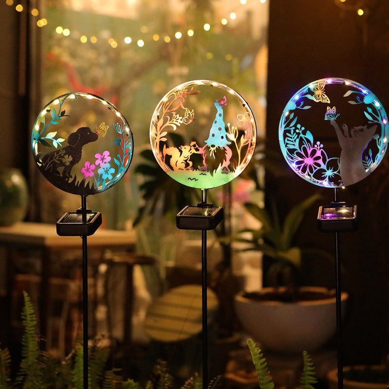 Éclairage paysager LED contemporain créatif solaire étanche en fer rond pour chat chien papillon pour jardin 