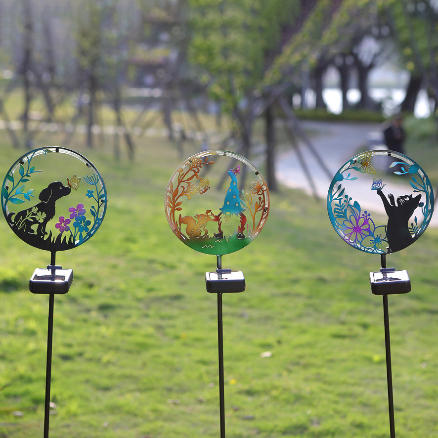 Éclairage paysager LED contemporain créatif solaire étanche en fer rond pour chat chien papillon pour jardin 