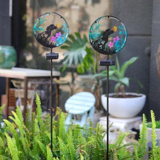 Éclairage paysager LED contemporain créatif solaire étanche en fer rond pour chat chien papillon pour jardin 