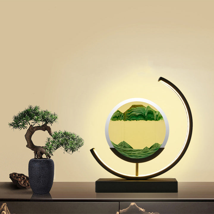 Lampe de table LED contemporaine créative USB rechargeable en métal acrylique rond avec dessin de sable mouvant pour lumière de nuit de chevet 