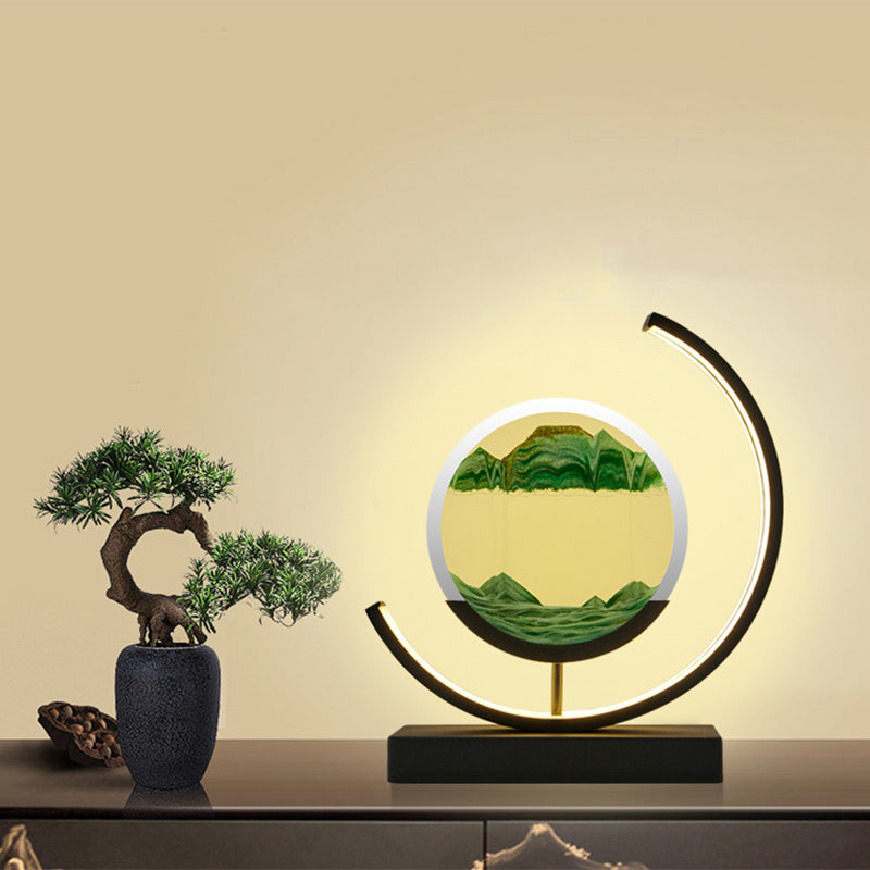 Lampe de table LED contemporaine créative USB rechargeable en métal acrylique rond avec dessin de sable mouvant pour lumière de nuit de chevet 