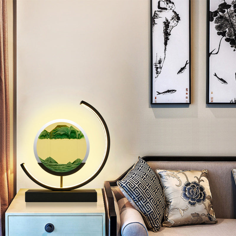 Lampe de table LED contemporaine créative USB rechargeable en métal acrylique rond avec dessin de sable mouvant pour lumière de nuit de chevet 