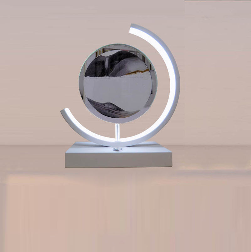 Lampe de table LED contemporaine créative USB rechargeable en métal acrylique rond avec dessin de sable mouvant pour lumière de nuit de chevet 