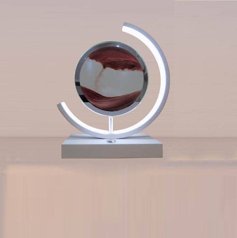 Lampe de table LED contemporaine créative USB rechargeable en métal acrylique rond avec dessin de sable mouvant pour lumière de nuit de chevet 