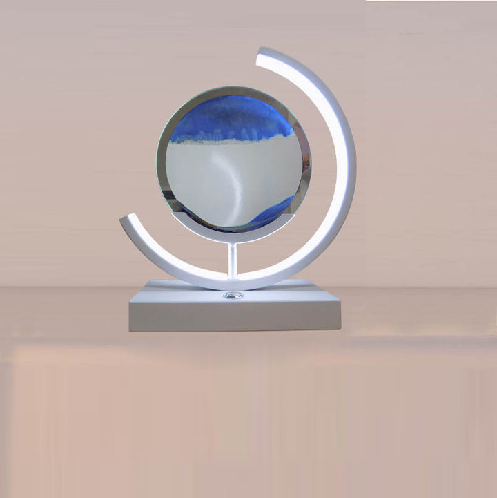 Lampe de table LED contemporaine créative USB rechargeable en métal acrylique rond avec dessin de sable mouvant pour lumière de nuit de chevet 