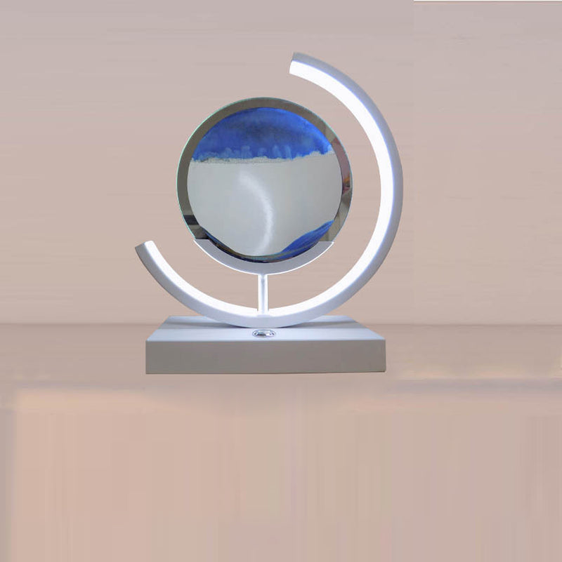 Lampe de table LED contemporaine créative USB rechargeable en métal acrylique rond avec dessin de sable mouvant pour lumière de nuit de chevet 