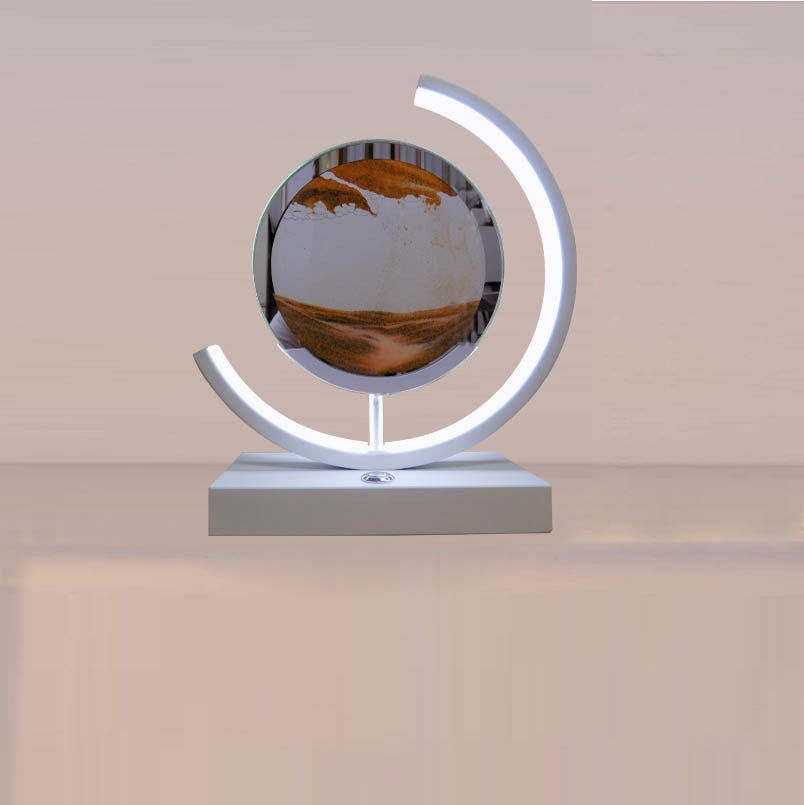 Lampe de table LED contemporaine créative USB rechargeable en métal acrylique rond avec dessin de sable mouvant pour lumière de nuit de chevet 