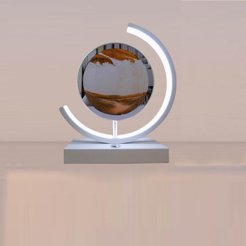 Lampe de table LED contemporaine créative USB rechargeable en métal acrylique rond avec dessin de sable mouvant pour lumière de nuit de chevet 