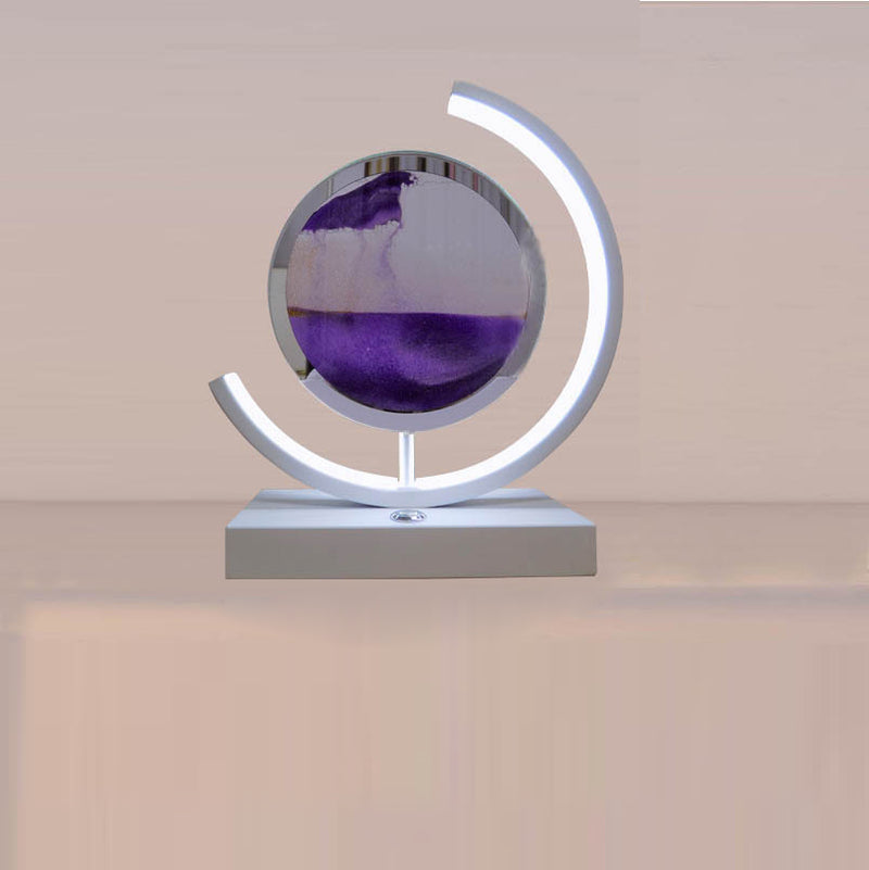 Lampe de table LED contemporaine créative USB rechargeable en métal acrylique rond avec dessin de sable mouvant pour lumière de nuit de chevet 