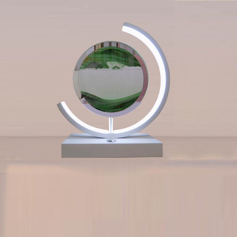 Lampe de table LED contemporaine créative USB rechargeable en métal acrylique rond avec dessin de sable mouvant pour lumière de nuit de chevet 