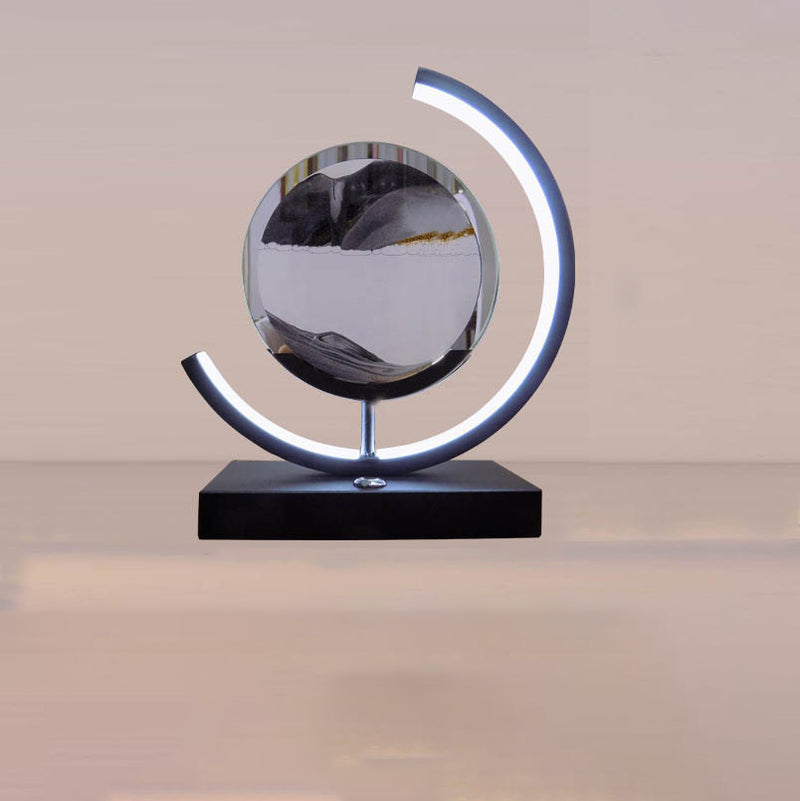 Lampe de table LED contemporaine créative USB rechargeable en métal acrylique rond avec dessin de sable mouvant pour lumière de nuit de chevet 