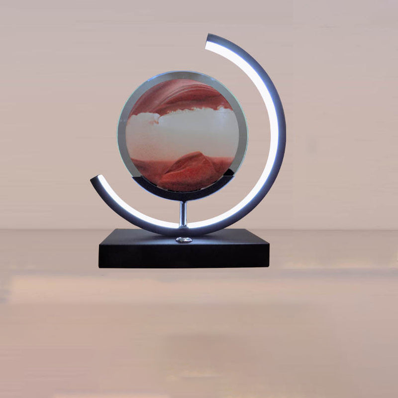 Lampe de table LED contemporaine créative USB rechargeable en métal acrylique rond avec dessin de sable mouvant pour lumière de nuit de chevet 