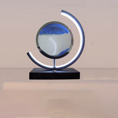 Lampe de table LED contemporaine créative USB rechargeable en métal acrylique rond avec dessin de sable mouvant pour lumière de nuit de chevet 
