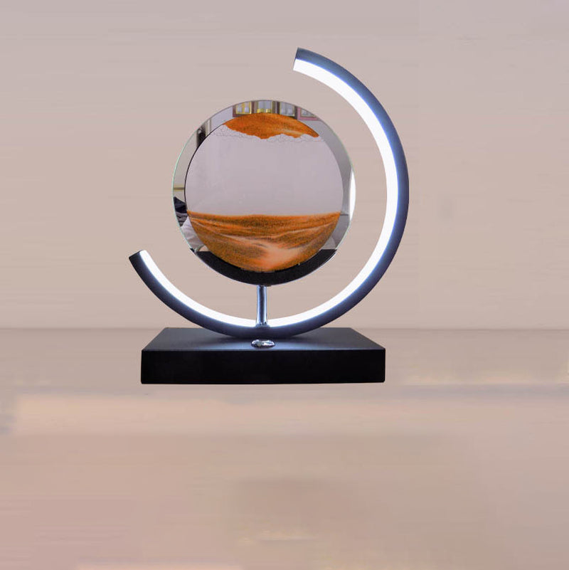 Lampe de table LED contemporaine créative USB rechargeable en métal acrylique rond avec dessin de sable mouvant pour lumière de nuit de chevet 