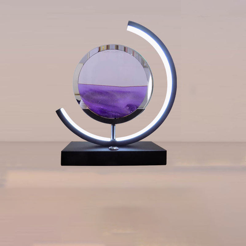 Lampe de table LED contemporaine créative USB rechargeable en métal acrylique rond avec dessin de sable mouvant pour lumière de nuit de chevet 