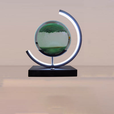 Lampe de table LED contemporaine créative USB rechargeable en métal acrylique rond avec dessin de sable mouvant pour lumière de nuit de chevet 
