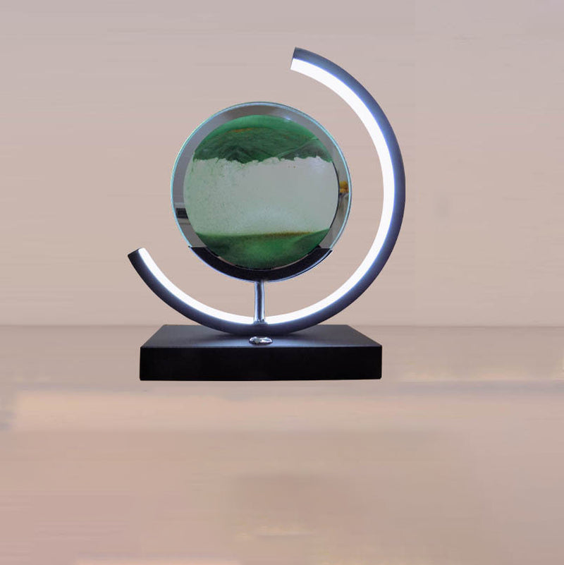 Lampe de table LED contemporaine créative USB rechargeable en métal acrylique rond avec dessin de sable mouvant pour lumière de nuit de chevet 