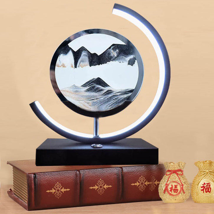 Lampe de table LED contemporaine créative USB rechargeable en métal acrylique rond avec dessin de sable mouvant pour lumière de nuit de chevet 