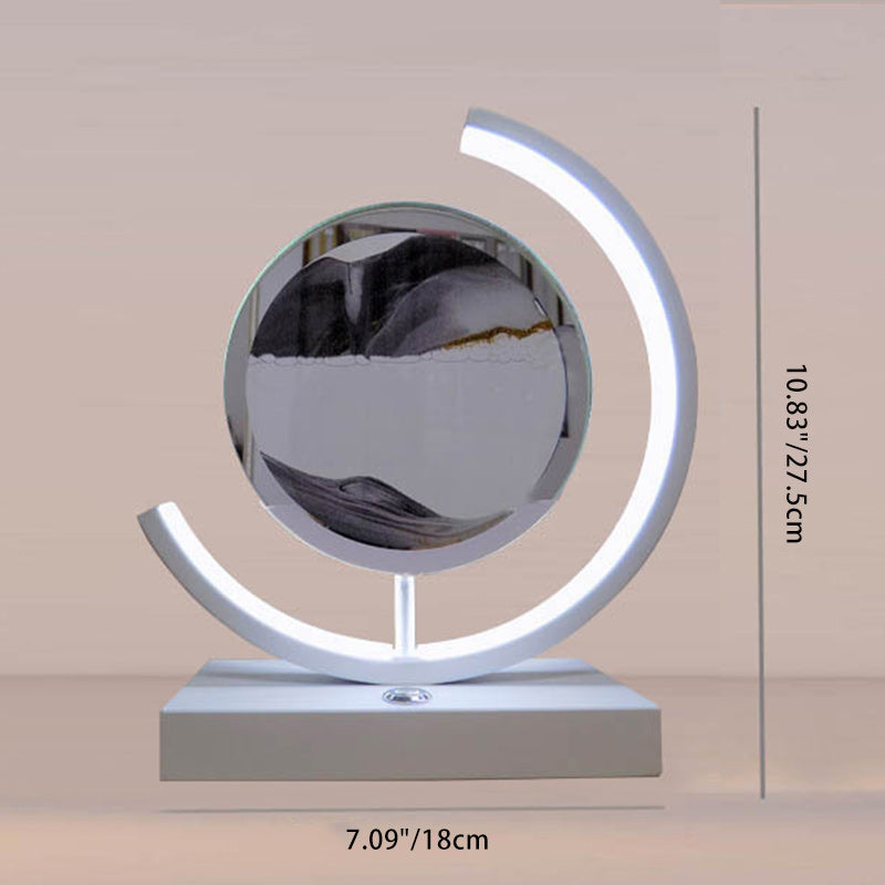 Lampe de table LED contemporaine créative USB rechargeable en métal acrylique rond avec dessin de sable mouvant pour lumière de nuit de chevet 