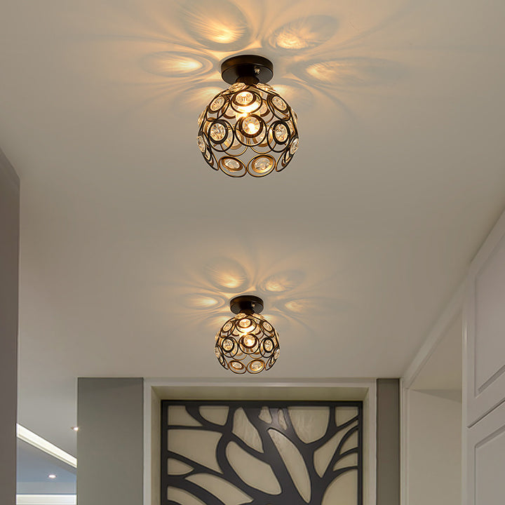 Contemporary Nordic Iron Crystal Ball Round Piece 1-Light Semi-Flush Mount Ceiling Light For Hallway