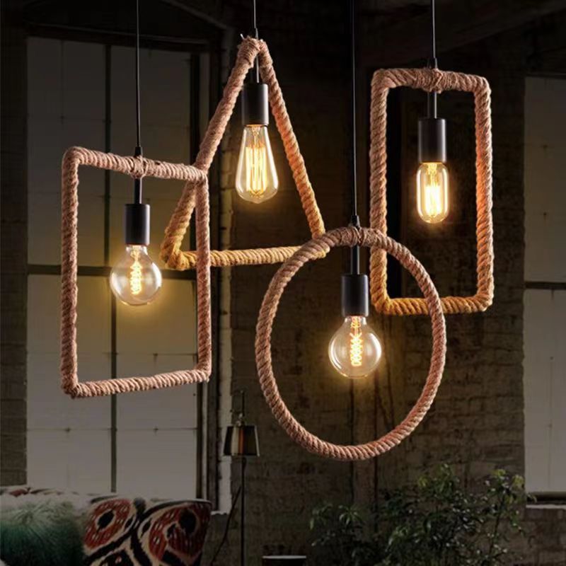 Zeitgenössische industrielle Hanfseil-geometrische quadratische runde rechteckige Dreieck-Pendelleuchte mit 1 Licht für Esszimmer 