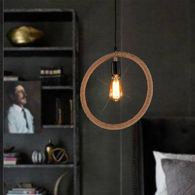 Zeitgenössische industrielle Hanfseil-geometrische quadratische runde rechteckige Dreieck-Pendelleuchte mit 1 Licht für Esszimmer 