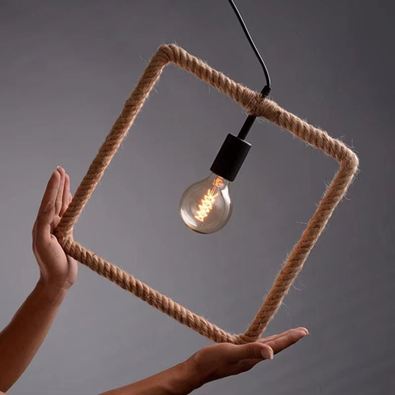 Zeitgenössische industrielle Hanfseil-geometrische quadratische runde rechteckige Dreieck-Pendelleuchte mit 1 Licht für Esszimmer 