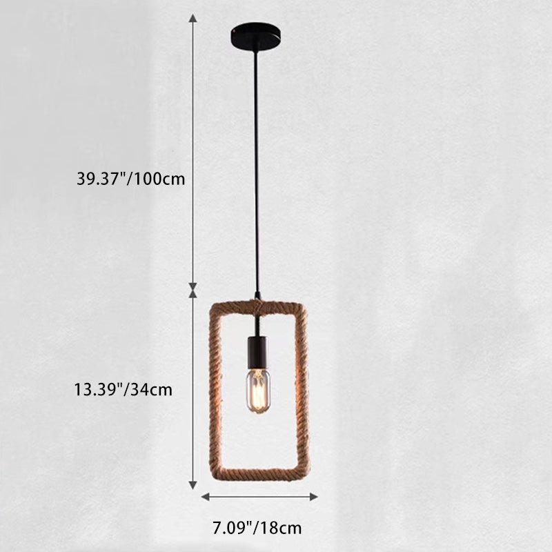 Zeitgenössische industrielle Hanfseil-geometrische quadratische runde rechteckige Dreieck-Pendelleuchte mit 1 Licht für Esszimmer 
