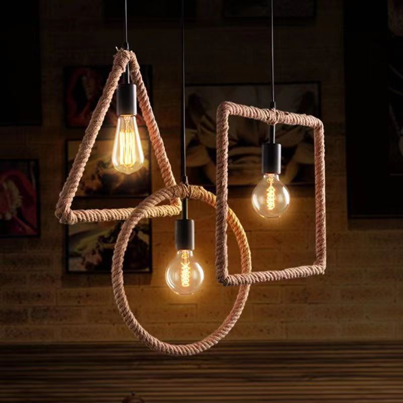 Zeitgenössische industrielle Hanfseil-geometrische quadratische runde rechteckige Dreieck-Pendelleuchte mit 1 Licht für Esszimmer 
